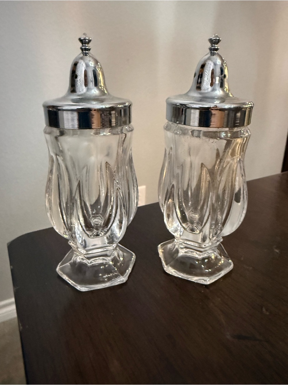 Vintage Fostoria Revere Lead Crystal Salt & Pepper Shakers Silver Metal Tops
